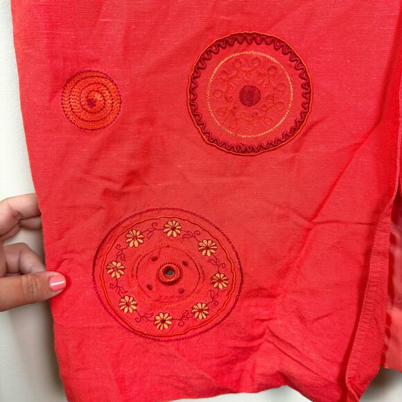 Plaza South Linen Blend Red button front midi dress embroidered mirror accent 10 - Picture 7 of 9